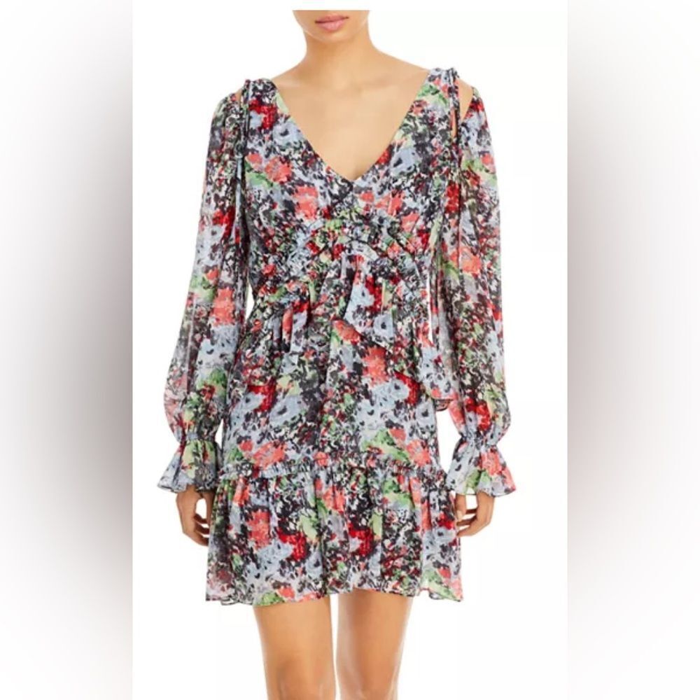 Cinq à Sept Floral Boho Mini Dress Long Sleeve Cold Shoulder Ruffle Hem